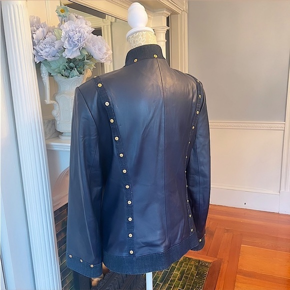 ST JOHN SPORT Navy Blue Lambs Leather & Denim Trim Zip Up Leather Jacket Size L - Picture 8 of 14